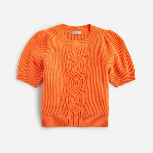 J. Crew Short Sleeve Wool-Cashmere Blend Cable-Knit Crewneck Sweater Orange - Picture 2 of 9